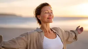 Mature woman whose brain feels happier at the ocean.