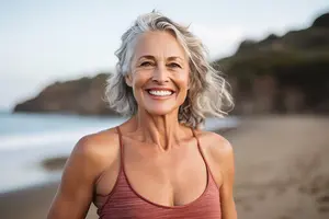 Beautiful mature woman experiencing mindful happiness by the shore.