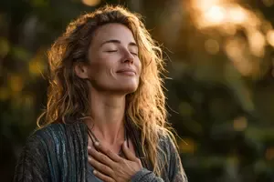 Mature thoughtful woman meditating outdoors in the morning.