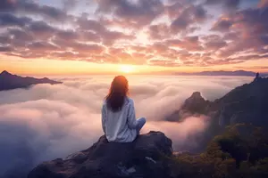 Woman sitting atop Snagre de Cristo Mountains experiencing the spiritual enegy of Taos New Mexico.