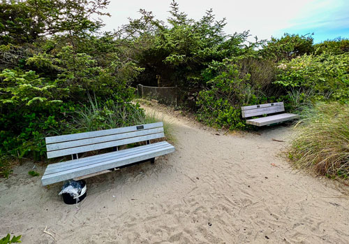 Two benches overlooking the seashore and Pacific Ocean in Twin Rocks Turnaround Park.
