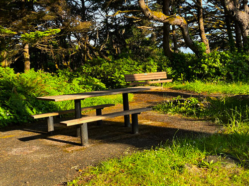 Benches and picnic table at twin Rocks Turnaround park. They are designed for use by handicapped visitors.