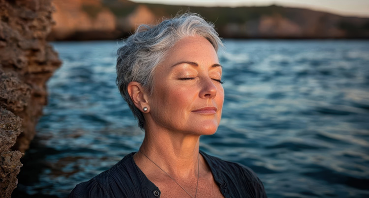 Mature woman content in her blue place at the beach. Mature woman content in her blue place at the beach.