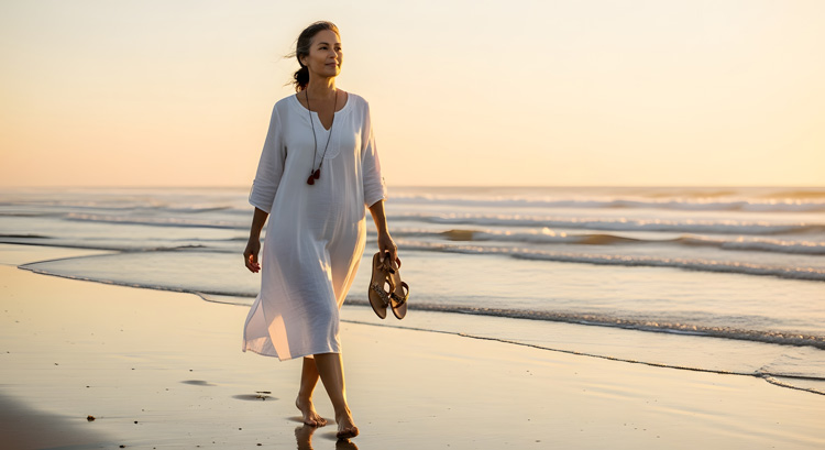 Mature woman beginning her first day of grounding and earthing at the beach. Mature woman beginning her first day of grounding and earthing at the beach.
