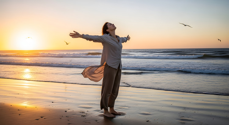 Mature woman connecting with nature at the beach by being grateful and mindful of the beauty.