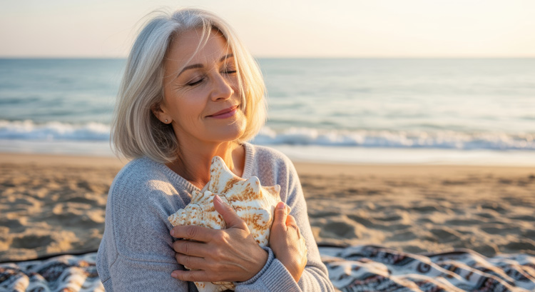 Mature woman connecting to nature at the beach by being grateful for where she is.