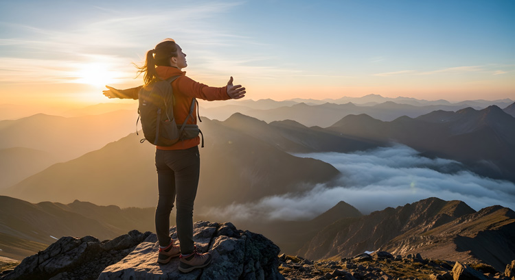 Young woman atop the Sangre de Cristo Mountains fully experiencing the spiritual vibe of Taos.