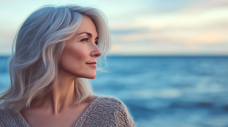 Beautiful mature woman experiencing happiness near the ocean.