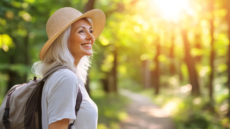 Beautiful mature woman in a straw hat taking a gratitude walk in the forest.