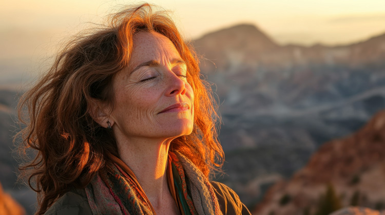 Serene mature woman meditating outdoors in the morning.