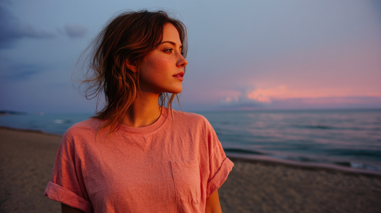 Thoughtful young woman in an orange shirt on the beach at sunset.