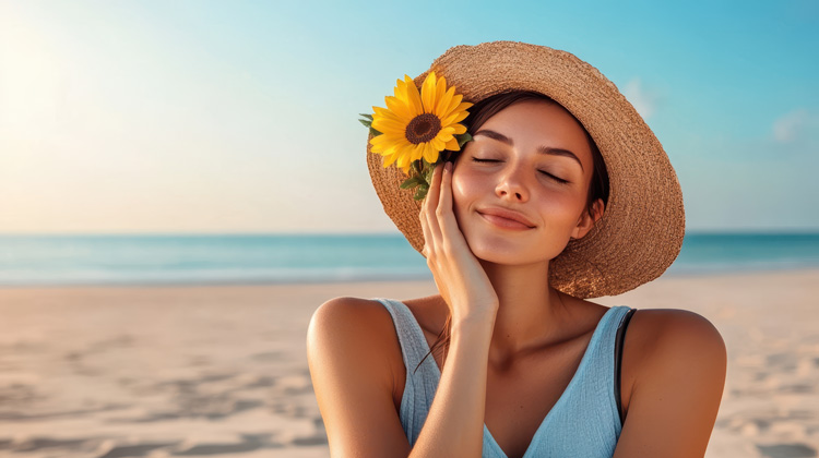 Young woman experiences the natural skin renewal of sunshine and ocean air as one of the wellness benefits of the beach.