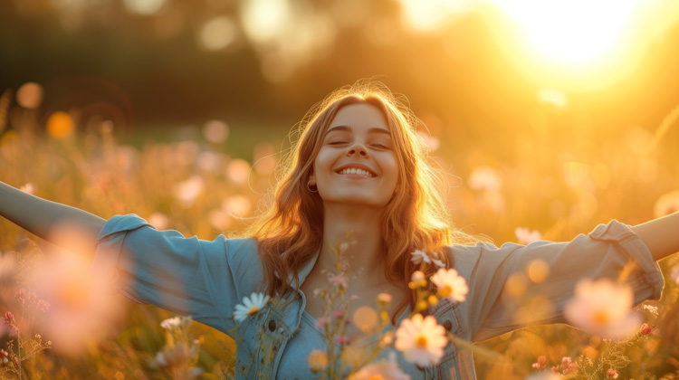 Young woman happiness mediatation outdoors in the morning.