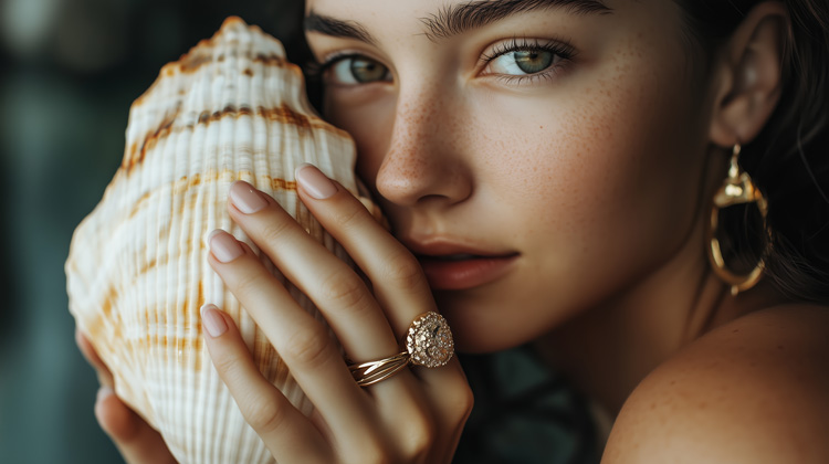 Young woman holds seashell to connect with the feelings of peace she experienced at the beach. Young woman holds seashell to connect with the feelings of peace she experienced at the beach.