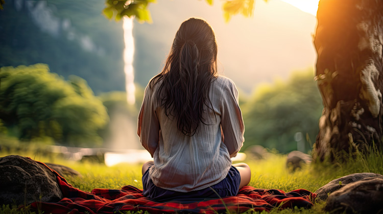 Young woman meditates outdoors in the morning near a waterfall.