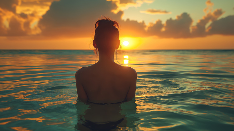 Young woman takes a mindfullness moment as she consideres the vastness of the ocean. Young woman takes a mindfullness moment as she consideres the vastness of the ocean.