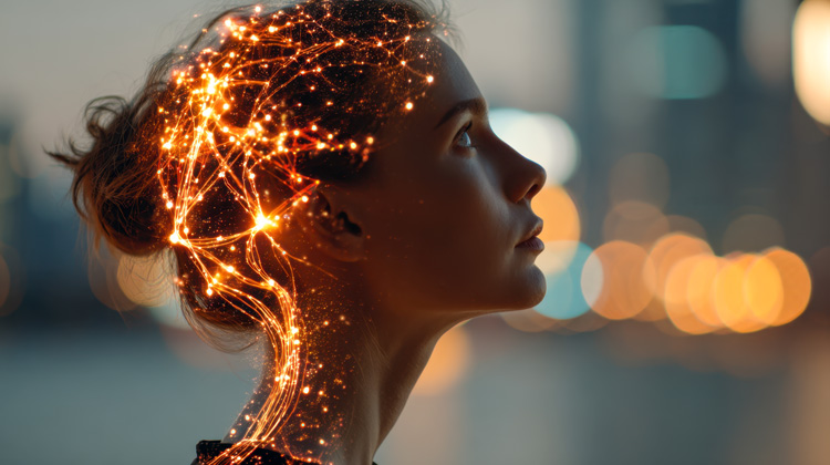 Young woman writer with her brain fully functioning with binaural beats. Young woman writer with her brain fully functioning with binaural beats.