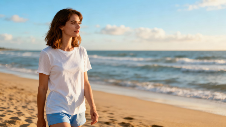 Young woman finding calmness on the beach as she walks.