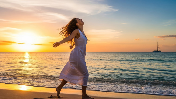 Young woman enjoying the benefits of earthing at the beach. Young woman enjoying the benefits of earthing at the beach.