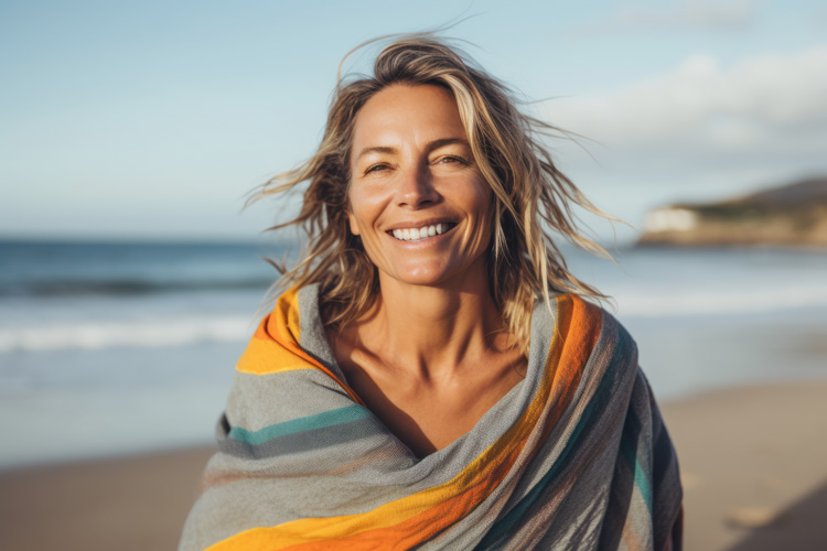 Mature woman finding happiness in her blue space on the beach.