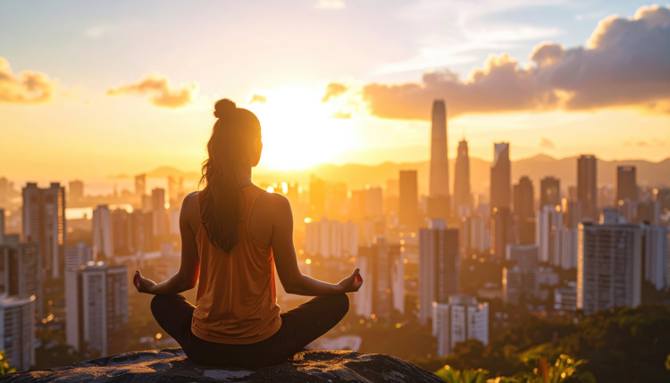 Young woman carries the spiritual benefits of the beach to her rooftop yoga spot in her big city.