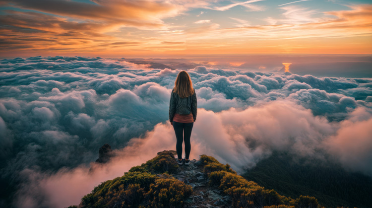 Young woman experiencing a spiritual awakening in Taos above the clouds.