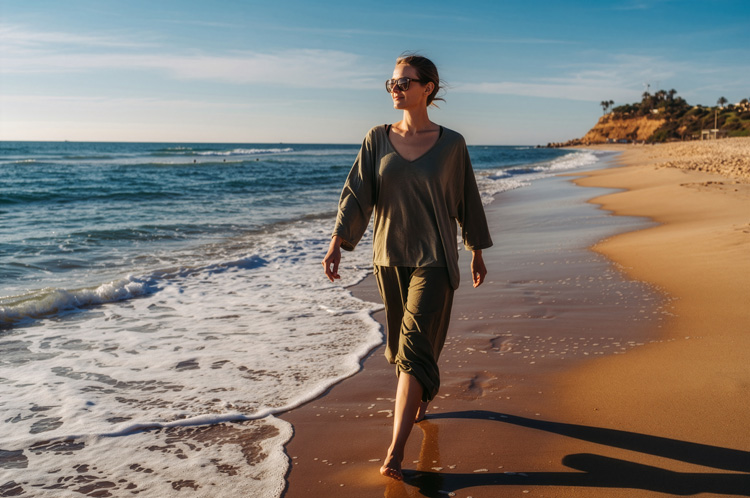 Mature woman walks along seashore experiencing earthing and happiness near the ocean.