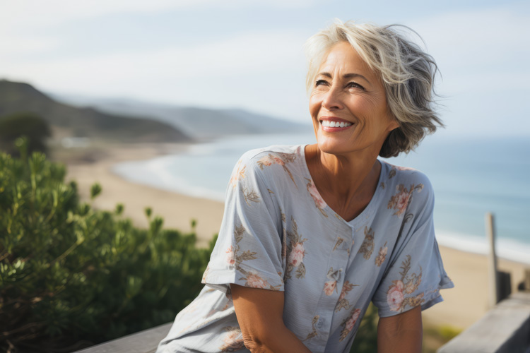 Beautiful mature woman absorbing Vitamin D from sun on the beach.
