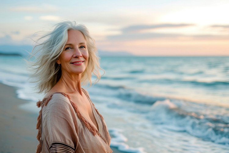 Mature woman whose brain feels happier near the ocean.