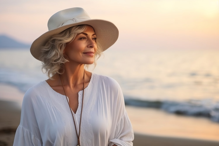 A beautiful mature woman enjoying the mental well-being of a day at the beach.
