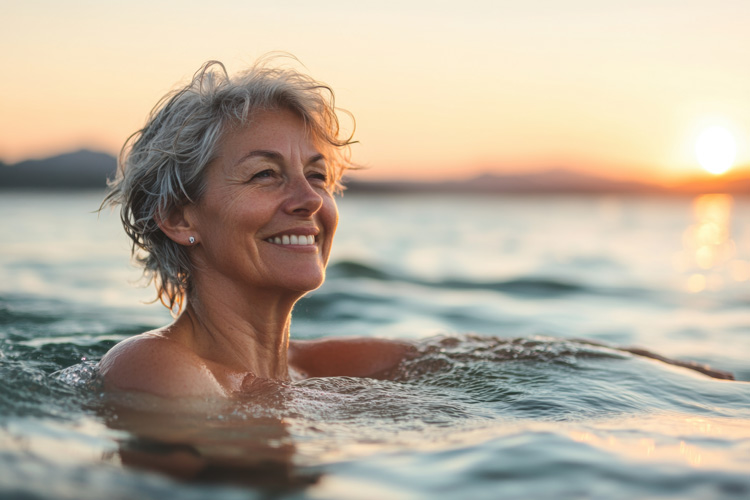 Beautiful mature woman experiences the healing properties of seawater.