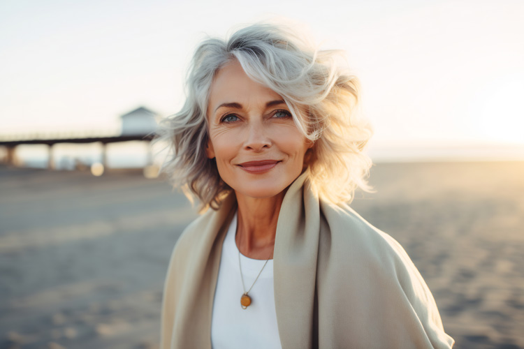 Beautiful mature woman gaining spiritual benefits of the beach.
