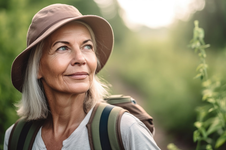 Beautiful mature woman in bucket hat on a gratitude walk in the forest.