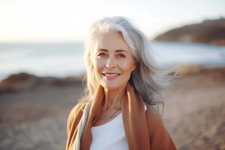 Beautiful mature woman with long hair practices mindfulness at the seashore. Beautiful mature woman with long hair practices mindfulness at the seashore.