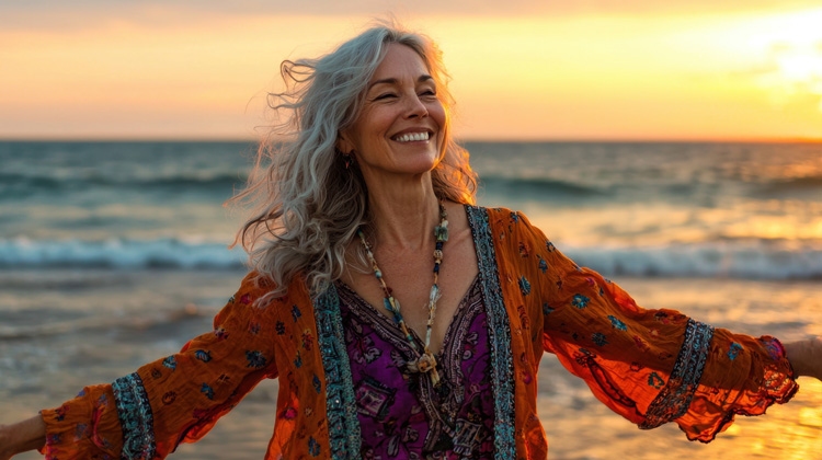 Mature woman with long hair experiences happiness in her beach blue space.