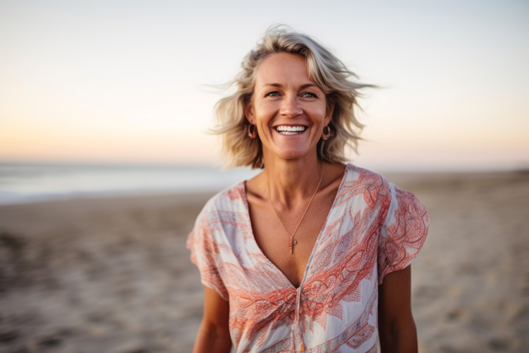 Pretty mature woman experiencing happiness and less stress after earthing at the beach. Pretty mature woman experiencing happiness and less stress after earthing at the beach.
