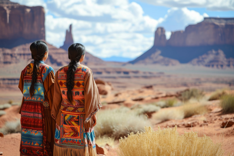 Two Navajo young women looking out toward Monument Valley.