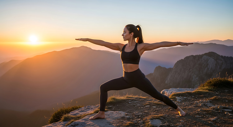 Young woman participating in outdoor yoga in the Sangre de Cristo mountains outside of Taos.