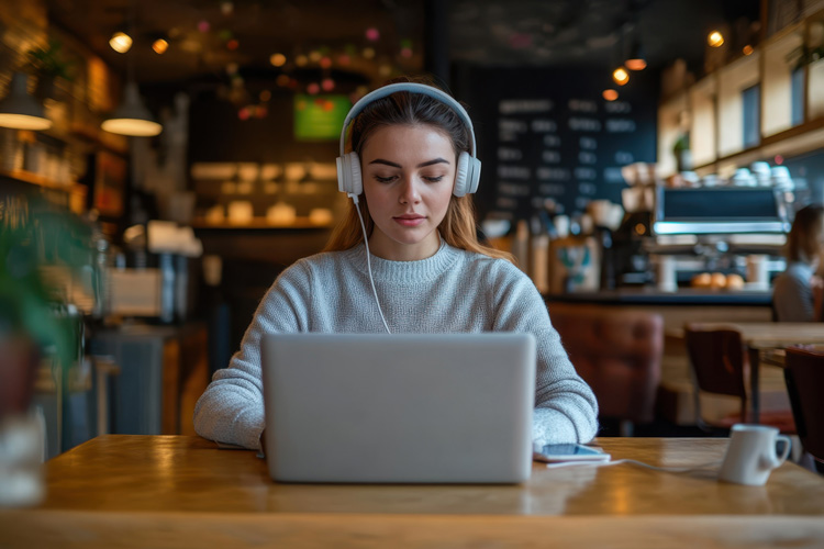 Young woman blogger listening to binaural beats as she creates an article. Young woman blogger listening to binaural beats as she creates an article.