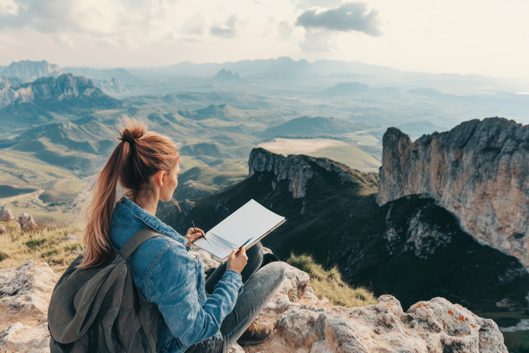 Young woman sketching and journaling in Sangre de Cristo Mountains to amplify the energy and vibe of Taos. Young woman sketching and journaling in Sangre de Cristo Mountains to amplify the energy and vibe of Taos.
