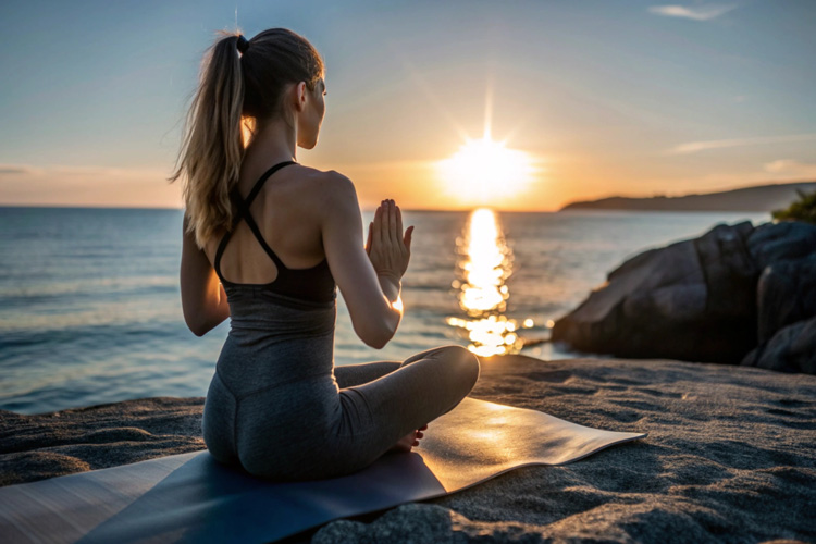 Young woman gaining emotional clarity as one of the benefits of beach yoga.