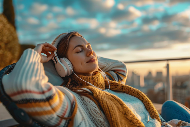 Young woman returns to her own beach blue space by listening to ocean waves binaural beats with headphones.