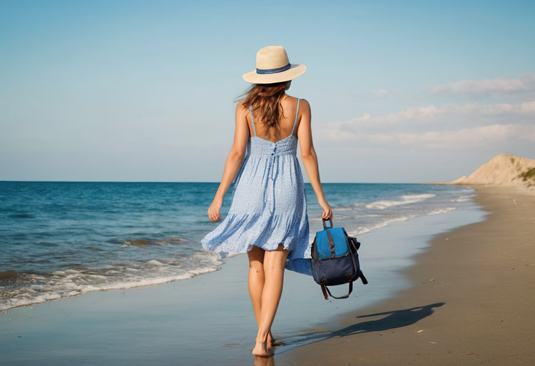 Young woman walks along deep blue ocean to reduce anxiety. Blue space therapy. Young woman walks along deep blue ocean to reduce anxiety. Blue space therapy.