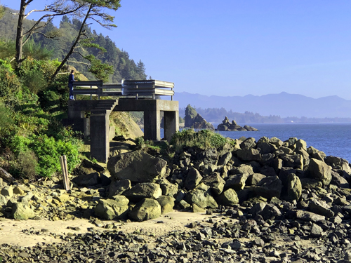 Old Coast Guard observation tower at Barview Jetty Park entrance.