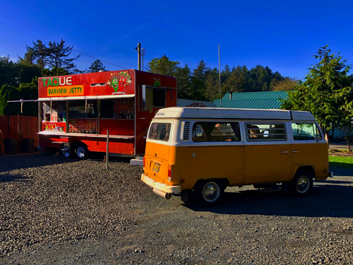 Little Mexican restaurant on wheels on northwest corner of Cedar Road and Highway 101 at the entrance to Barview Jetty Park.