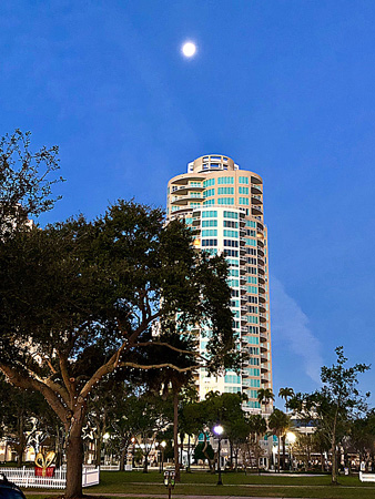 Moon over high rise apartments on Christmas morning in St Pete FL.