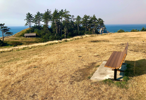 Bench at Ecola State Park looking out south to Cannon Beach.