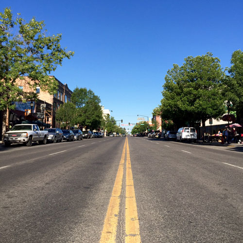 Main Street is very quiet in the early morning in Bozeman Montana.