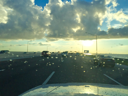 Driving over the Howard Franklin Bridge at sunrise. Starting my trip to Bozeman Montana.