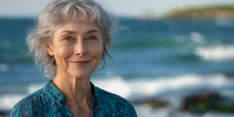 Beautiful mature woman experiencing blue space renourishment.